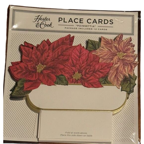 Poinsettia Place Cards New Hester & Cook NEW Christmas Party 12 Buffet Markers - Picture 1 of 4
